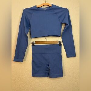 Blue Long Sleeve Ribbed Crop Top and Shorts Matching Set Size S